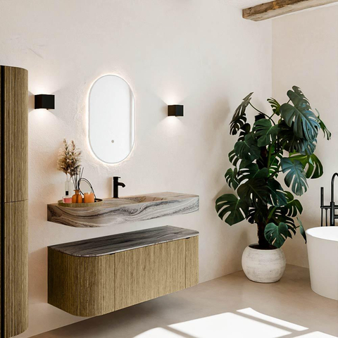 MONDIAZ THOR-DLUX 120cm meuble de salle de bains arrondi gauche + droite couleur Dusk avec 1 tiroir et 2 portes. Vasque suspendue CLOUD Milieu 1 trou de robinet couleur Sombra. SW1463679