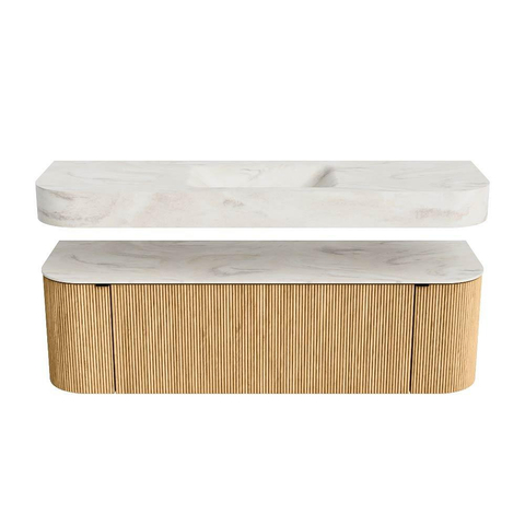 MONDIAZ THOR-DLUX 150cm meuble de salle de bains arrondi gauche + droite couleur Oak avec 1 tiroir et 2 portes. Vasque suspendue CLOUD Milieu sans trou de robinet couleur Ostra. SW1464612