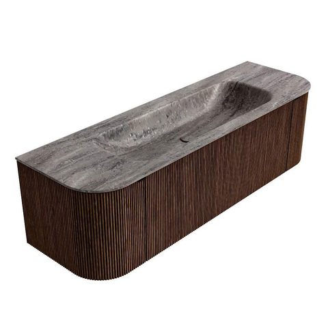 MONDIAZ KURVE-DLUX Meuble de salle de bains 150cm arrondi gauche + droite couleur Walnut avec 1 tiroir et 2 portes. Lavabo BIG MEDIUM central sans trou de robinet Oza. SW1432747