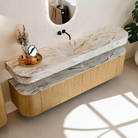 MONDIAZ THOR-DLUX Meuble de salle de bains - 190cm - arrondi gauche + droite - couleur Oak - 2 tiroirs et 2 portes - Vasque suspendue CLOUD Milieu sans trou de robinet - couleur Glace SW1466353