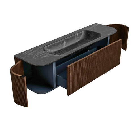 MONDIAZ KURVE-DLUX 160cm badmeubel met module 25 Len R kleur Walnut met 1 lade en 2 deuren. Wastafel BIG MEDIUM midden zonder kraangat kleur Lava. SW1137250