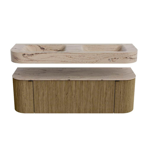 MONDIAZ THOR-DLUX 140cm meuble de salle de bains arrondi gauche + droite couleur Dusk avec 1 tiroir et 2 portes. Vasque suspendue CLOUD Double sans trou de robinet couleur Arena. SW1464364
