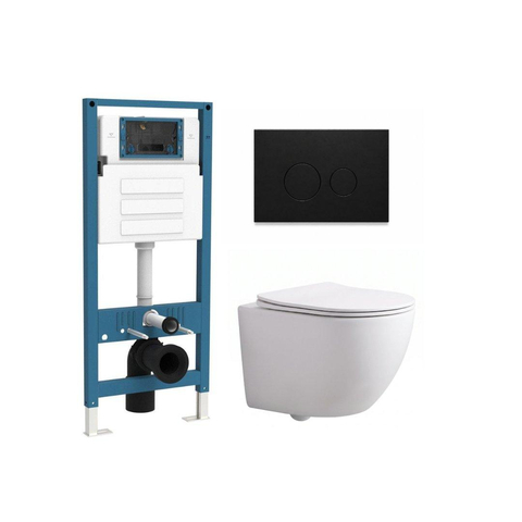 QeramiQ Dely Swirl Compact Toiletset - inbouwreservoir QeramiQ flush - slim zitting - metalen bedieningsplaat mat zwart - ronde knoppen - mat wit SW1590656