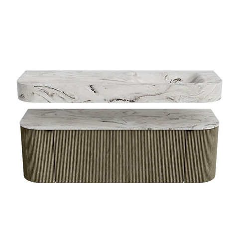 MONDIAZ THOR-DLUX 140cm badmeubel ronding links + rechts kleur Shadow met 1 lade en 2 deuren. Vrijhangende wastafel CLOUD Rechts zonder kraangat kleur Glace. SW1464130