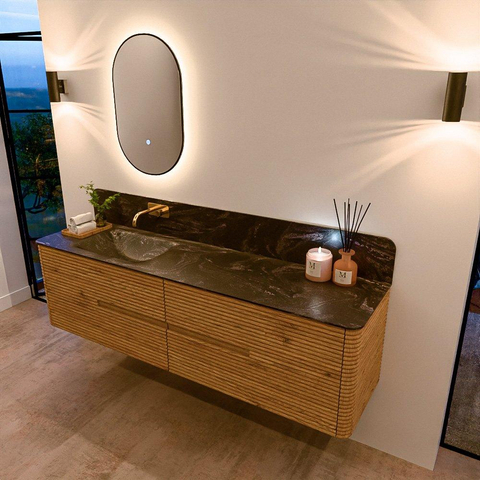 Mondiaz CIRO-DLUX Badkamermeubelset - 180x45x50cm - Solid surface wastafel Lava - 1 wasbak Links - zonder kraangaten - 4 lades - Oak SW1531003