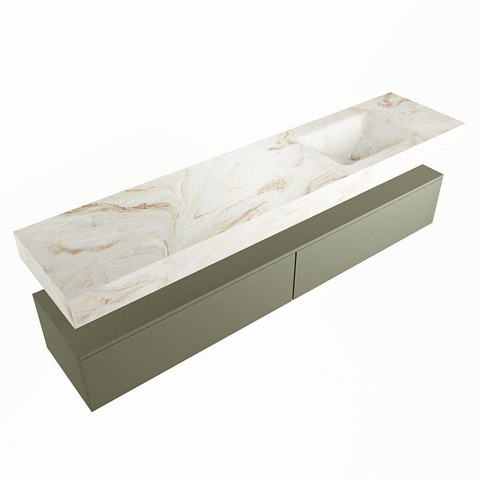 Mondiaz ALAN-DLUX Ensemble de meuble - 200cm - meuble Army mat - 2 tiroirs - Lavabo Cloud Frappe suspendu - vasque Droite - 0 trous de robinet SW804845