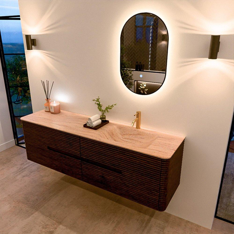 Mondiaz CIRO-DLUX Badkamermeubelset - 170x45x50cm - Solid surface wastafel Saba - 1 wasbak Rechts - 1 kraangat - 4 lades - Walnut SW1530737