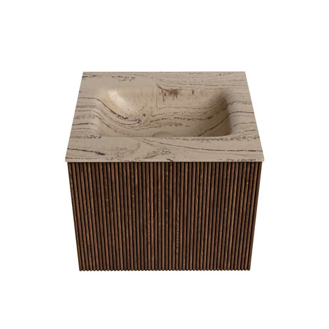 MONDIAZ KURVE-DLUX 50cm badmeubel kleur Walnut met 1 lade en 0 deuren. Wastafel GRUNNE Midden 1 kraangat Arena. SW1431190