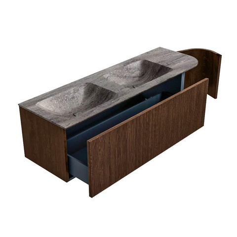MONDIAZ KURVE-DLUX Meuble de salle de bains 145cm arrondi à droite couleur Walnut avec 1 tiroir et 1 porte. Lavabo LEAF Double / à gauche sans trou de robinet Oza. SW1432463