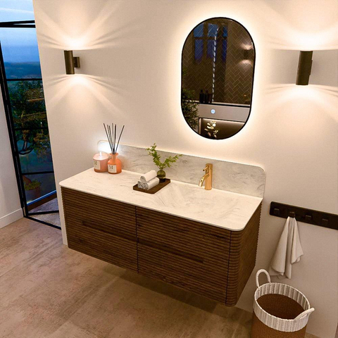 Mondiaz CIRO-DLUX Ensemble de meubles de salle de bains - 130x45x50cm - plan-vasque solid surface Opalo - 1 lavabo à droite - 1 trou de robinet - 4 tiroirs - Dusk SW1532948