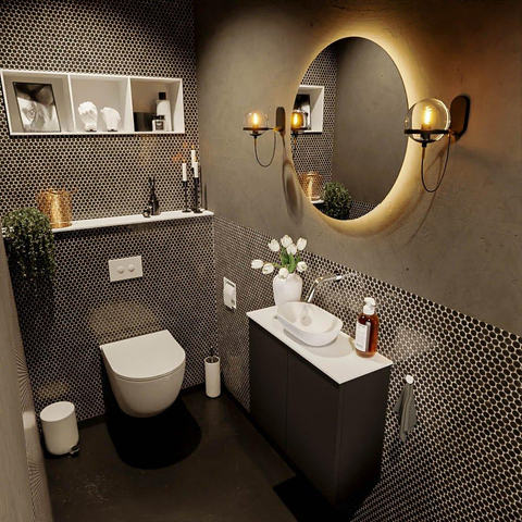 Mondiaz Fowy Meuble de toilette - 60x50x23cm - mat urbain - 0 trous de robinet - lavabo centré - 2 portes - solid surface - plan MDF - lavabo : blanc SW760865