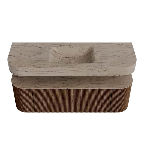 MONDIAZ THOR-DLUX 140cm badmeubel ronding links + rechts kleur Walnut met 1 lade en 2 deuren. Vrijhangende wastafel CLOUD Midden zonder kraangat kleur Arena. SW1464461