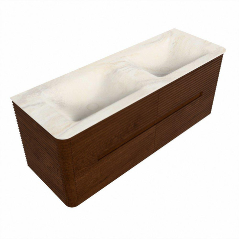 Mondiaz CIRO-DLUX Badkamermeubelset - 130x45x50cm - Solid surface wastafel Ostra - 2 wasbak Dubbel - zonder kraangaten - 4 lades - Ruby SW1531885