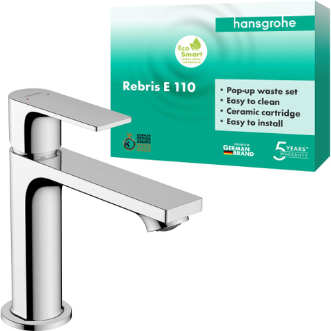 Hansgrohe Rebris e 1 greeps wastafelkraan - 110 met trekwaste - hoogglans chroom SW796323