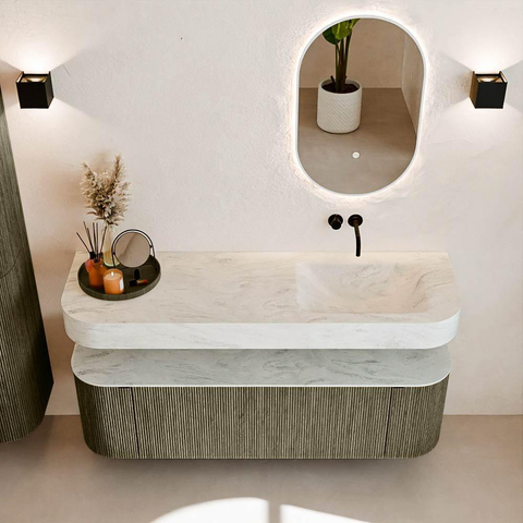 MONDIAZ THOR-DLUX 150cm badmeubel ronding links + rechts kleur Shadow met 1 lade en 2 deuren. Vrijhangende wastafel CLOUD Rechts zonder kraangat kleur Opalo. SW1464710