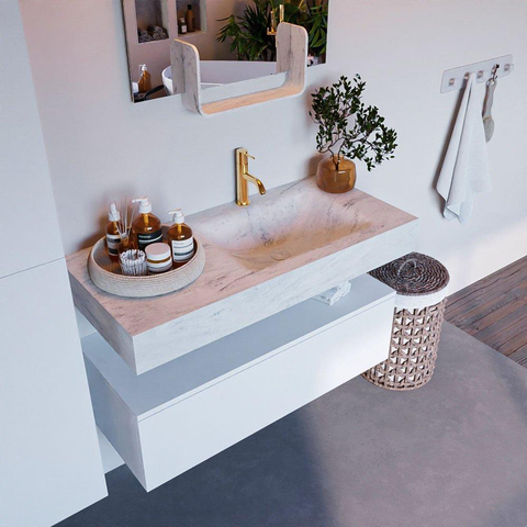 Mondiaz ALAN-DLUX Ensemble de meuble - 100cm - meuble Talc mat - 1 tiroir - Lavabo Cloud Opalo suspendu - vasque Droite - 1 trou de robinet SW806352