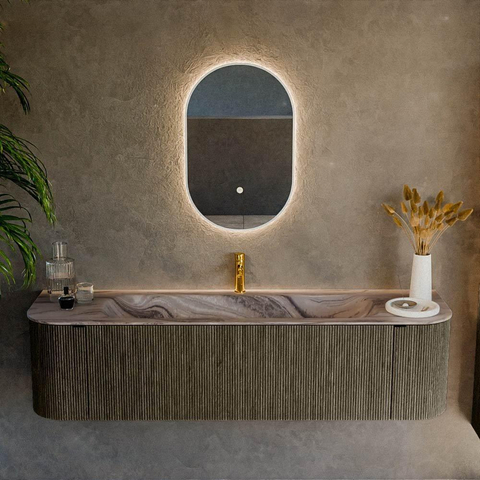 MONDIAZ KURVE-DLUX 170cm badmeubel ronding Links + Rechts kleur Shadow met 1 lade en 2 deuren. Wastafel BIG LARGE Midden 1 kraangat Sombra. SW1433785