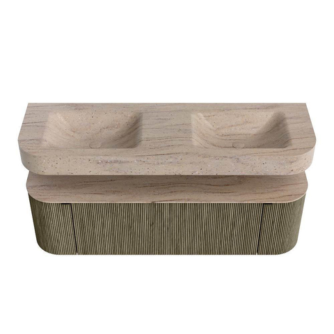 MONDIAZ THOR-DLUX 150cm meuble de salle de bains arrondi gauche + droite couleur Shadow avec 1 tiroir et 2 portes. Vasque suspendue CLOUD Double sans trou de robinet couleur Saba. SW1464906