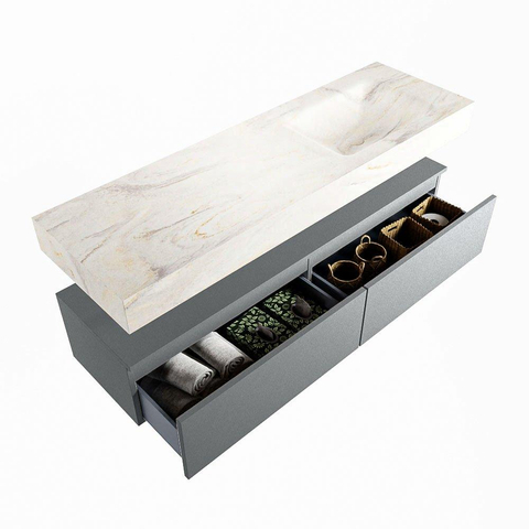 Mondiaz ALAN-DLUX Ensemble de meuble - 150cm - meuble Plata mat - 2 tiroirs - Lavabo Cloud Ostra suspendu - vasque Droite - 0 trous de robinet SW807702