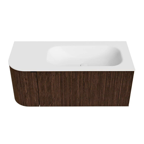 MONDIAZ KURVE Meuble de salle de bains 105 cm avec module 25 L couleur Walnut avec 1 tiroir et 1 porte. Vasque BIG SMALL à droite sans trou de robinet Talc. SW1138297