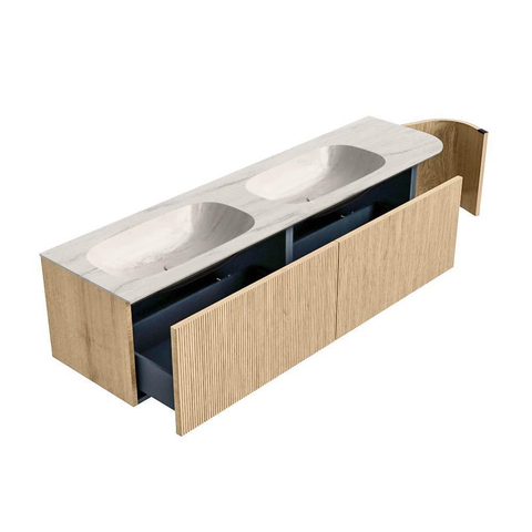 MONDIAZ KURVE-DLUX Meuble de salle de bains 175cm arrondi à droite couleur Oak avec 2 tiroirs et 1 porte. Lavabo STOR SMALL Double / gauche 2 trous de robinet Meli. SW1431468