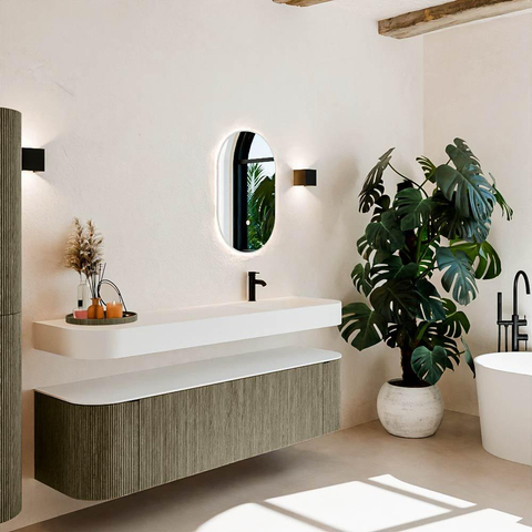 MONDIAZ THOR 170cm meuble de salle de bains arrondi gauche + droite couleur Shadow avec 1 tiroir et 2 portes. Vasque suspendue CLOUD Droite 1 trou de robinet couleur Talc. SW1465507
