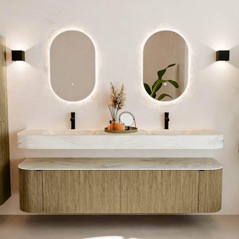 MONDIAZ THOR-DLUX Meuble de salle de bains 190cm arrondi gauche + droite couleur Dusk avec 2 tiroirs et 2 portes. Vasque suspendue CLOUD Double 2 trous de robinet couleur Ostra. SW1466490