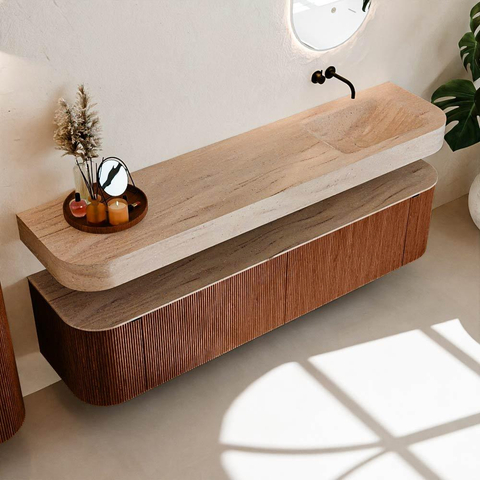 MONDIAZ THOR-DLUX 190cm meuble de salle de bains arrondi gauche + droite couleur Ruby avec 2 tiroirs et 2 portes. Vasque suspendue CLOUD Droite sans trou de robinet couleur Saba. SW1466681
