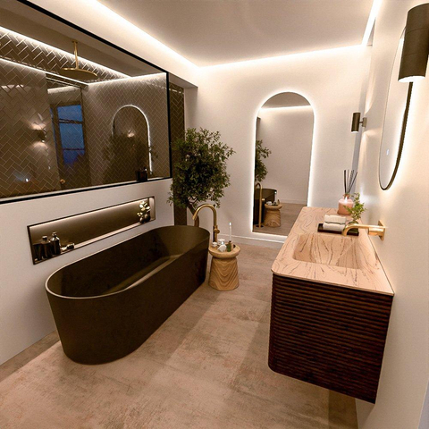 Mondiaz CIRO-DLUX Ensemble de meubles de salle de bains - 160x45x50cm - Plan vasque Solid surface Arena - 1 lavabo à droite - sans trous de robinet - 4 tiroirs - Noyer SW1530443