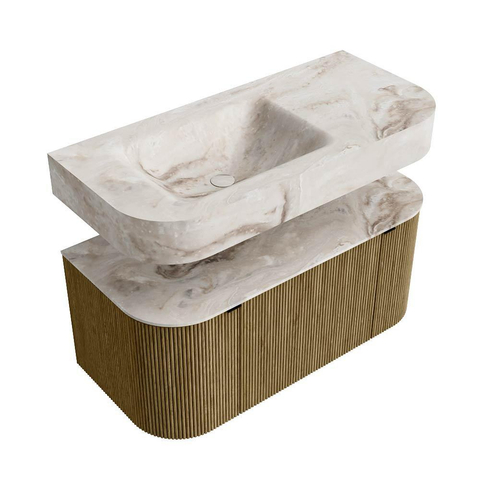 MONDIAZ THOR-DLUX 100cm meuble de salle de bains arrondi gauche + droite couleur Dusk avec 1 tiroir et 2 portes. Vasque suspendue CLOUD Gauche 1 trou de robinet couleur Frappe. SW1467389