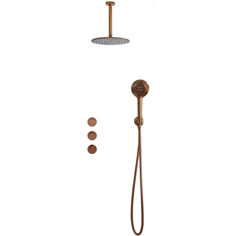 Fortifura Nebbio Regendoucheset - inbouwkraan - inbouwdeel - wandaansluitbocht - doucheslang metaal - ronde handdouche - 20cm plafondarm - ronde hoofddouche - PVD - geborsteld koper SW1447164