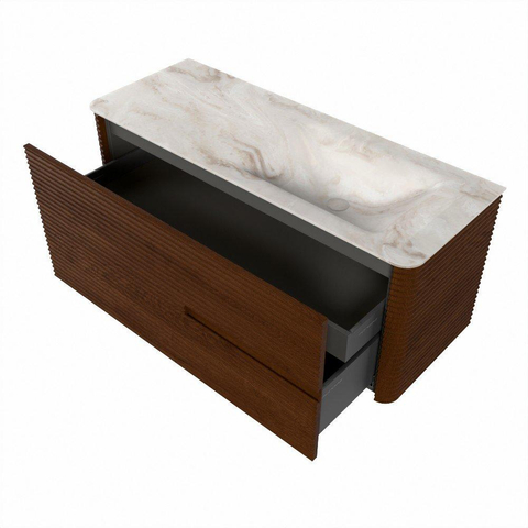 Mondiaz CIRO-DLUX Badkamermeubelset - 120x45x50cm - Solid surface wastafel Frappe - 1 wasbak Rechts - zonder kraangaten - 2 lades - Ruby SW1531297