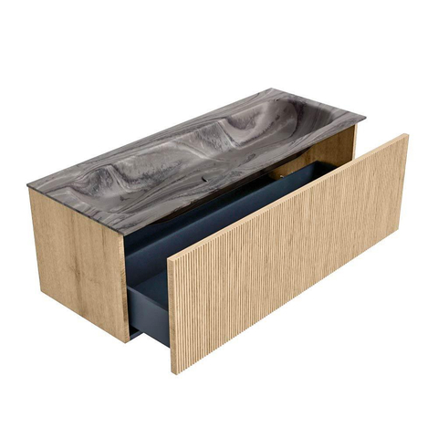 MONDIAZ KURVE-DLUX Meuble de salle de bains 120 cm couleur Oak avec 1 tiroir et 0 porte. Lavabo BIG LARGE Central 2 trous de robinet Sombra. SW1433579