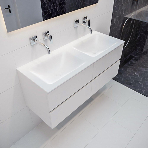 ENSEMBLE DE MEUBLE MONDIAZ VICA - 120 cm - 4 tiroirs - lavabo Cloud double - 0 trous de robinet - solid surface talc SW409897