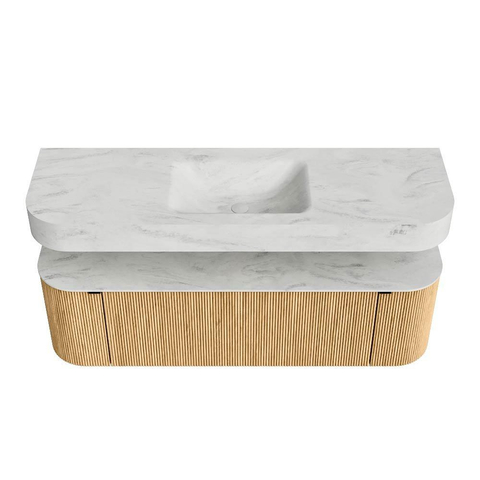 MONDIAZ THOR-DLUX 150cm badmeubel ronding links + rechts kleur Oak met 1 lade en 2 deuren. Vrijhangende wastafel CLOUD Midden 1 kraangat kleur Opalo. SW1464619