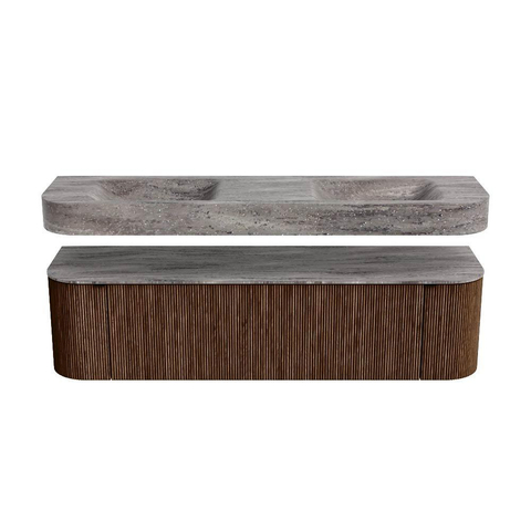 MONDIAZ THOR-DLUX 170cm badmeubel ronding links + rechts kleur Walnut met 1 lade en 2 deuren. Vrijhangende wastafel CLOUD Dubbel 2 kraangaten kleur Oza. SW1465679
