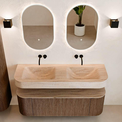MONDIAZ THOR-DLUX 140cm badmeubel ronding links + rechts kleur Walnut met 1 lade en 2 deuren. Vrijhangende wastafel CLOUD Dubbel zonder kraangat kleur Saba. SW1464309
