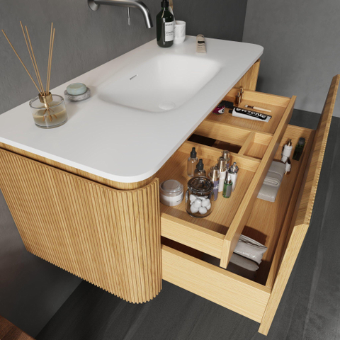 Royal Plaza Terra Edge Ensemble meuble de salle de bains - 100x45.5x46cm - vasque en céramique blanc brillant - 1 vasque - sans trous de robinet - 2 tiroirs - sandwood (chêne clair) SW1471932