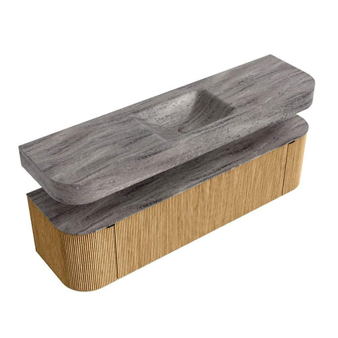 MONDIAZ THOR-DLUX 170cm badmeubel ronding links + rechts kleur Oak met 1 lade en 2 deuren. Vrijhangende wastafel CLOUD Midden 1 kraangat kleur Oza. SW1465673