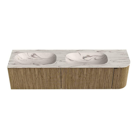 MONDIAZ KURVE-DLUX 175cm meuble de salle de bains avec arrondi à droite couleur Dusk avec 2 tiroirs et 1 porte. Lavabo STOR SMALL Double / Gauche 2 trous de robinet Nata. SW1432450