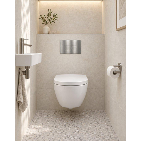 QeramiQ Dely Swirl Compact Toiletset - inbouwreservoir QeramiQ flush - 25mm zitting - metalen bedieningsplaat RVS - rechthoekige knoppen - glans wit SW1590601