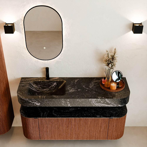 MONDIAZ THOR-DLUX 140cm meuble de salle de bains arrondi gauche + droite couleur Ruby avec 1 tiroir et 2 portes. Vasque suspendue CLOUD Gauche 1 trou de robinet couleur Lava. SW1464231
