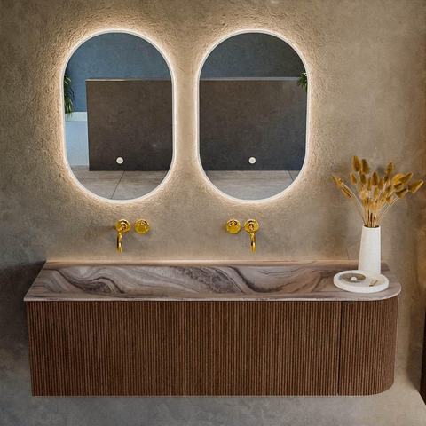 MONDIAZ KURVE-DLUX Meuble de salle de bains 145cm arrondi à droite couleur Walnut avec 1 tiroir et 1 porte. Vasque BIG LARGE à gauche sans trou de robinet Sombra. SW1433677