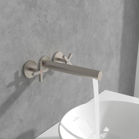 Villeroy & Boch Loop & Friends wastafeluitloop set - met kruisgreep - wandmontage - Brushed Nickel (rvs) SW974329
