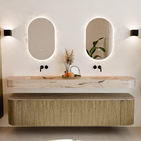 MONDIAZ THOR-DLUX Meuble de salle de bains - 200cm - arrondi gauche + droite - couleur Dusk - 2 tiroirs et 2 portes - Vasque suspendue CLOUD Double sans trou de robinet - couleur Arena SW1467080