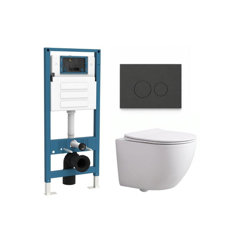 QeramiQ Dely Swirl Compact Ensemble WC - réservoir encastré QeramiQ flush - abattant slim - plaque de commande en plastique anthracite mat - boutons ronds - blanc mat SW1590794