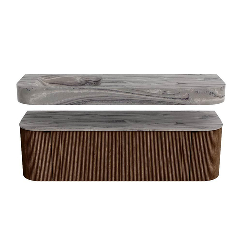MONDIAZ THOR-DLUX 150cm meuble de salle de bains arrondi gauche + droite couleur Walnut avec 1 tiroir et 2 portes. Vasque suspendue CLOUD Gauche 1 trou de robinet couleur Sombra. SW1464913