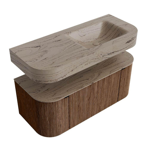 MONDIAZ THOR-DLUX 110cm badmeubel ronding links + rechts kleur Walnut met 1 lade en 2 deuren. Vrijhangende wastafel CLOUD Rechts 1 kraangat kleur Arena. SW1462707