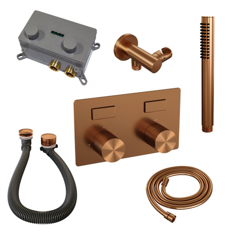 BRAUER Copper Carving mitigeur de baignoire encastré thermostatique - boutons-poussoirs SET 03 - combinaison de remplissage de baignoire - douchette à main barre - flexible de douche - coude d'alimentation mural - cuivre brossé PVD SW925559