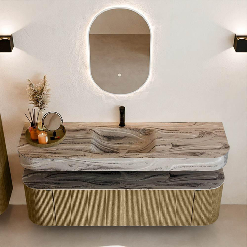 MONDIAZ THOR-DLUX 160cm meuble de salle de bains arrondi gauche + droite couleur Dusk avec 1 tiroir et 2 portes. Vasque suspendue CLOUD Milieu 1 trou de robinet couleur Sombra. SW1465388